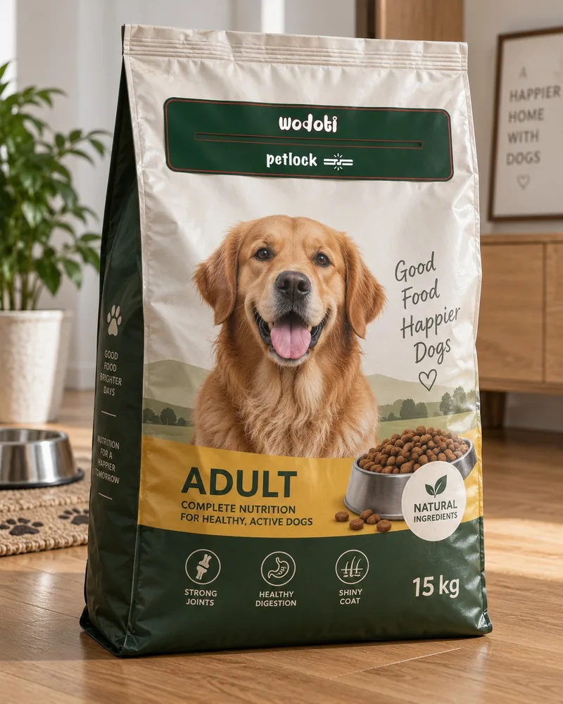 Petlock uygulanmış 15 kg köpek maması ambalajı